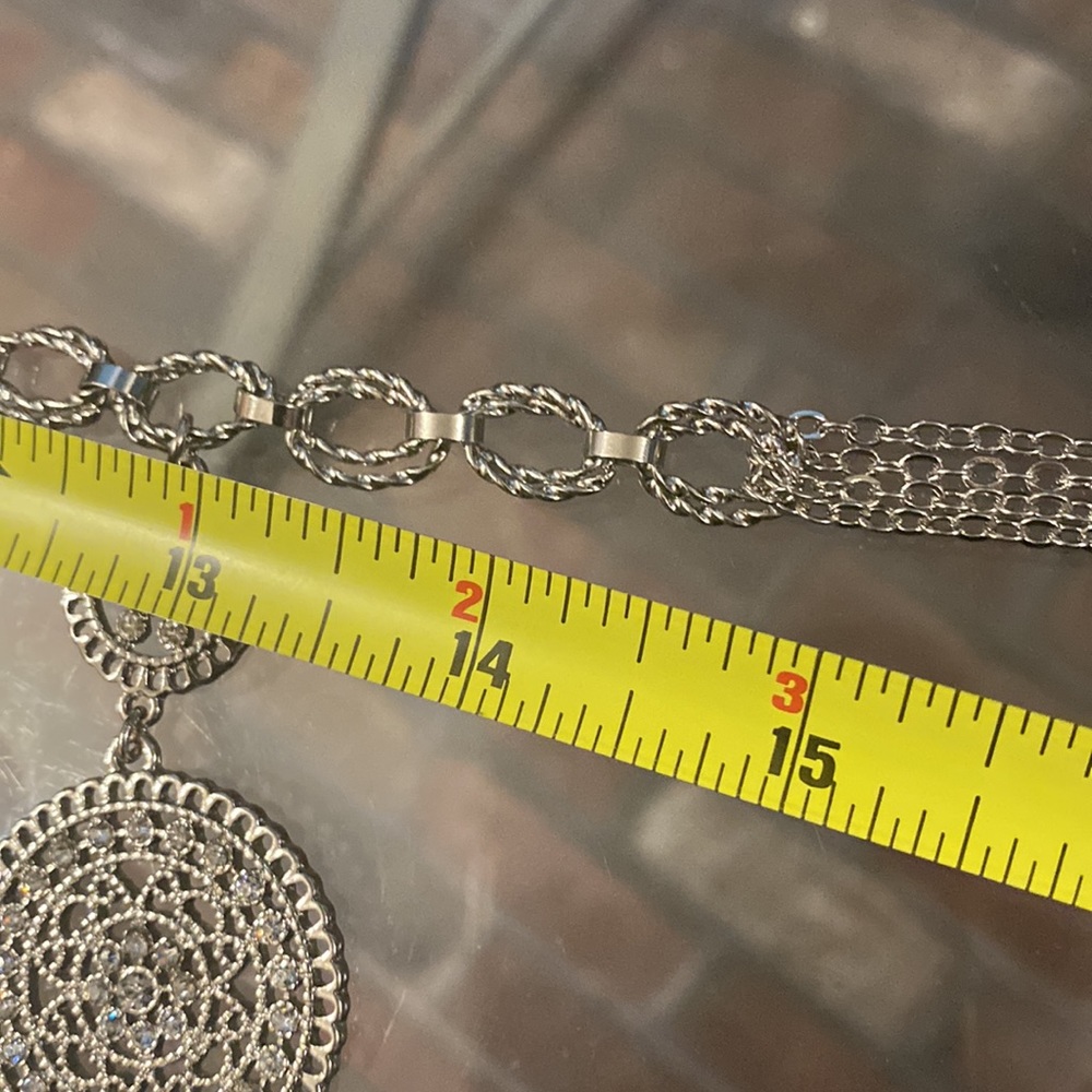 WHBM - silver tone bib necklace w 5 large & small rhinestone discs, multi chains - Picture 6 of 16